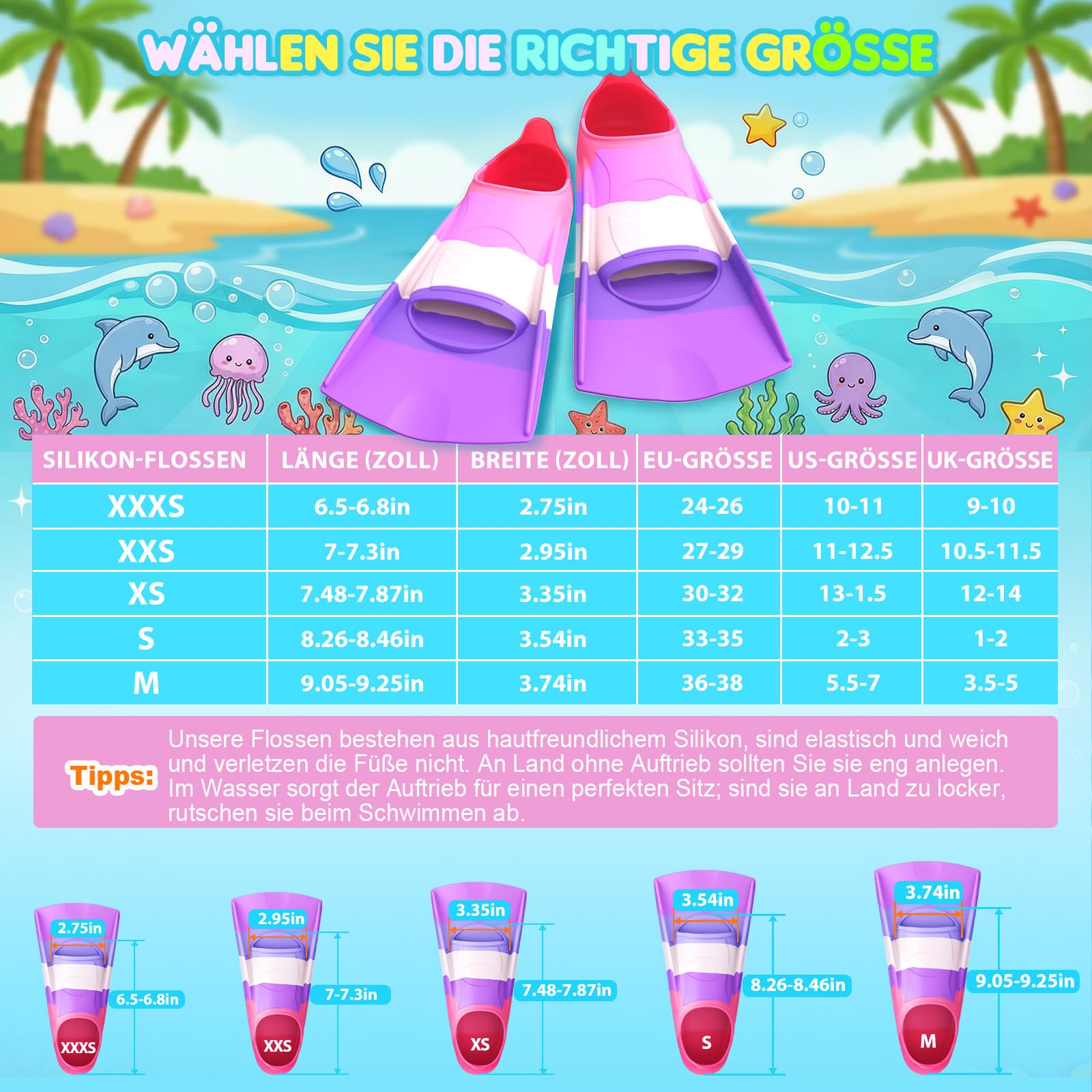 QcoQce Palmes de natation pour enfants, 100 % silicone, palmes courtes pour la plongée avec tuba, la plongée, l'entraînement et les vacances, dans une taille de voyage pratique avec sac en filet pour
