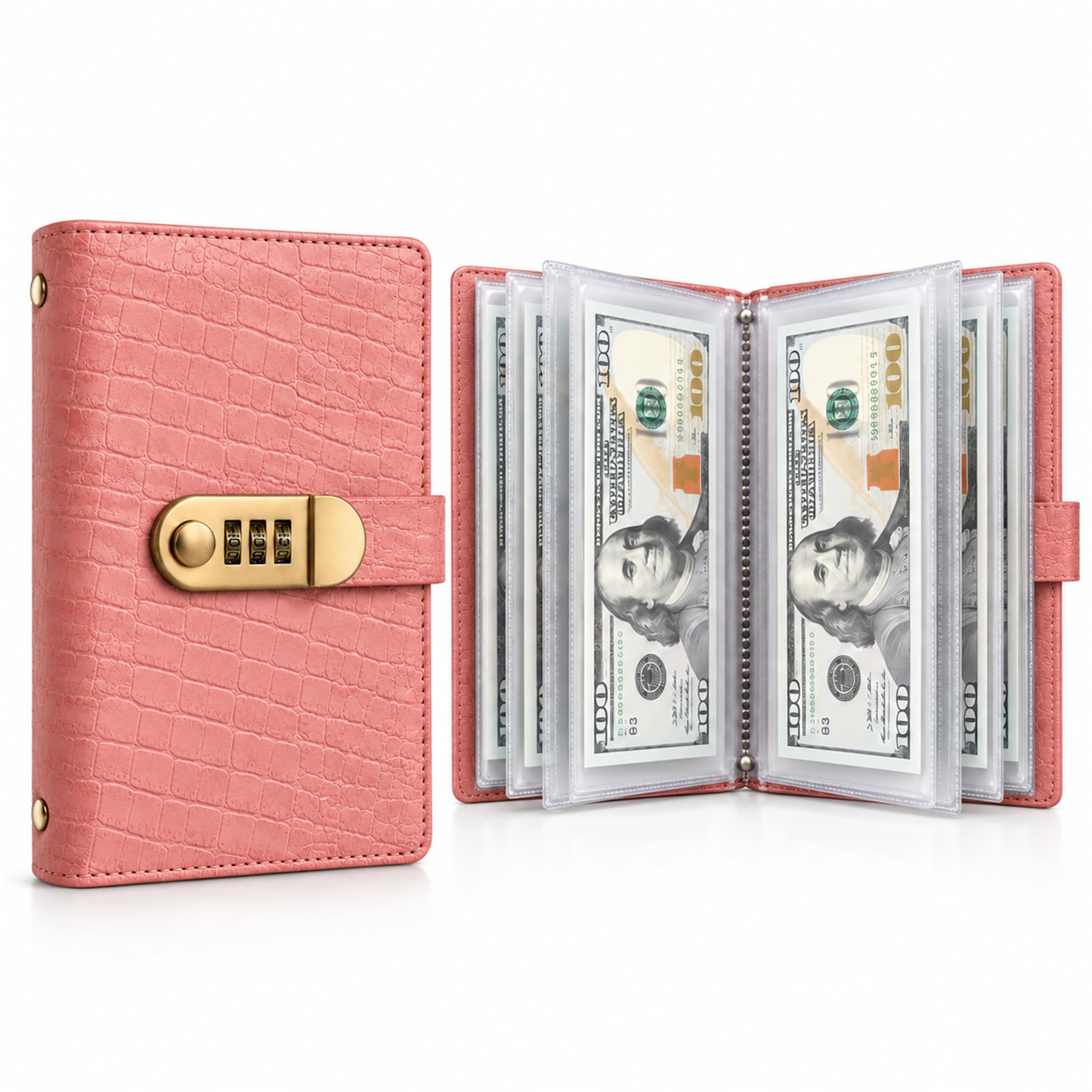 Lockable Savings Notebook, 100 Envelopes Money Saving Challenge Binder (Pink)