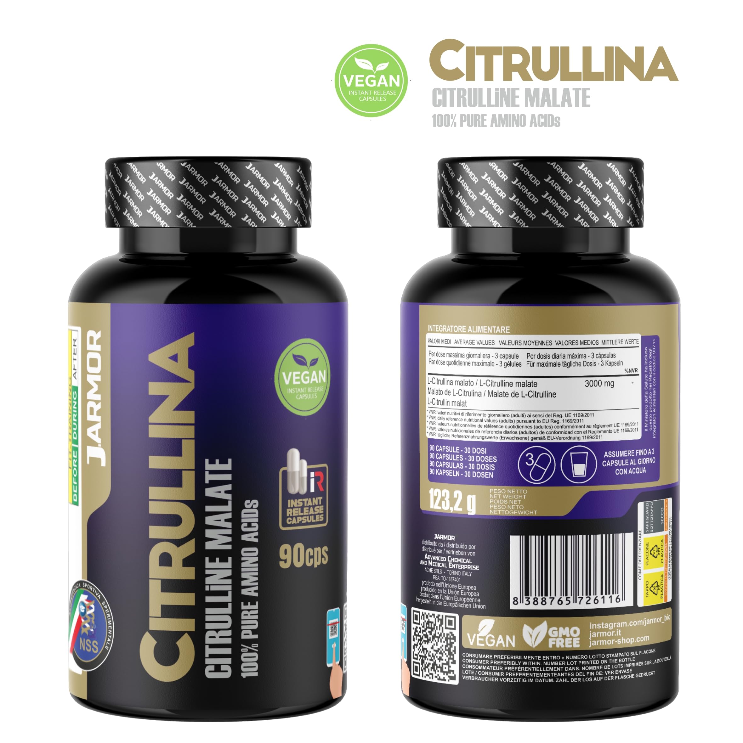 Citrullina Malato Integratore – 90 Capsule Vegane, 1000mg per Capsula (3000mg per Dose) – Pre-Workout Potente per Energia e Performance – Booster di Ossido Nitrico per Uomo e Donna