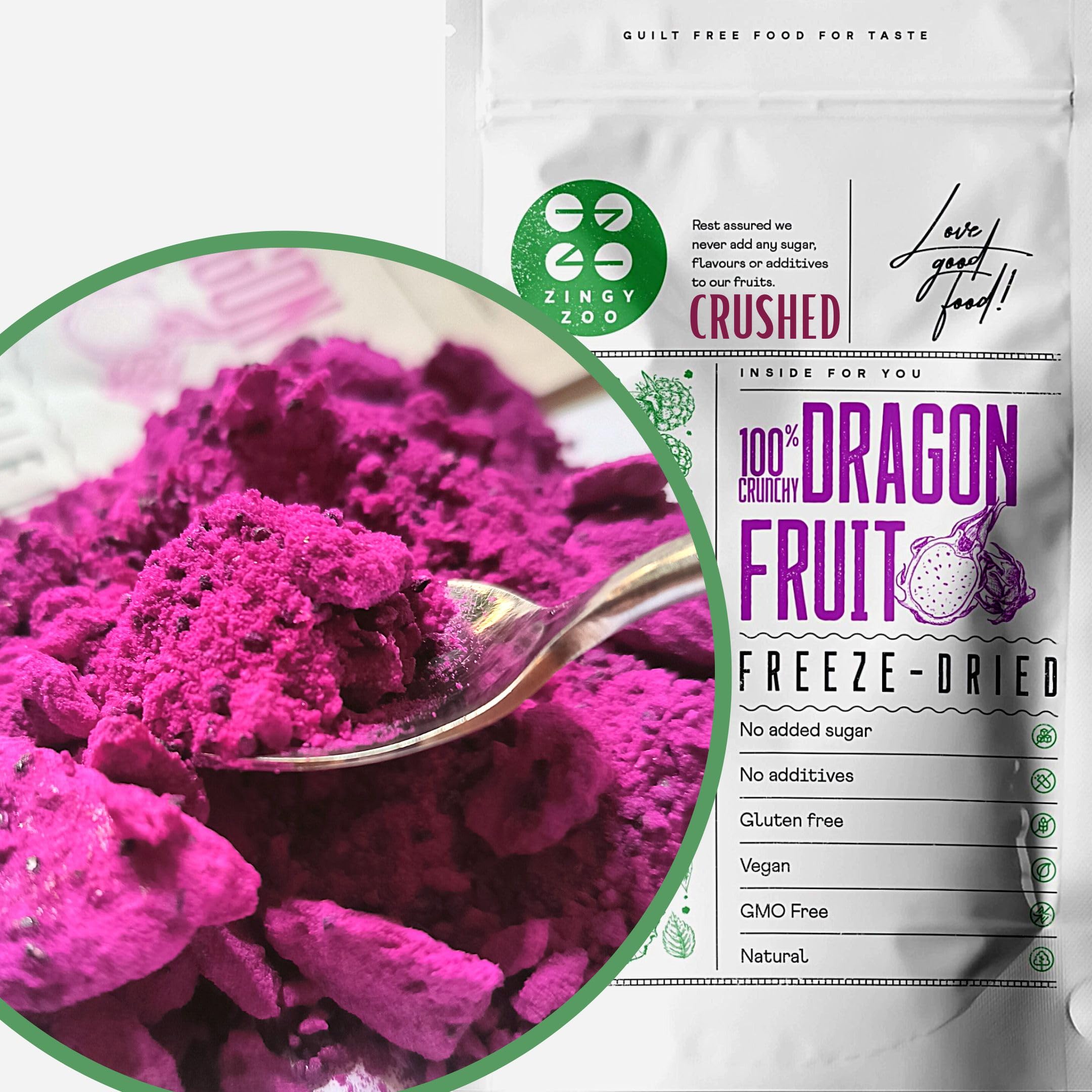 ZingyZoo Frutto del Drago Essiccato Senza Zucchero|XL 300g Polvere di frutta tritata con alcuni pezzi|Freeze Dried Dragon Fruit Crushed|Gefriergetrocknete Drachenfrucht Liofilizzato