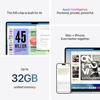 Apple MacBook Air 15-inch Laptop with M5 chip: Built for AI, 15.3-inch Liquid Retina Display, 16GB Unified Memory, 512GB SSD, 12MP Center Stage, Touch ID, Wi-Fi 7; Silver