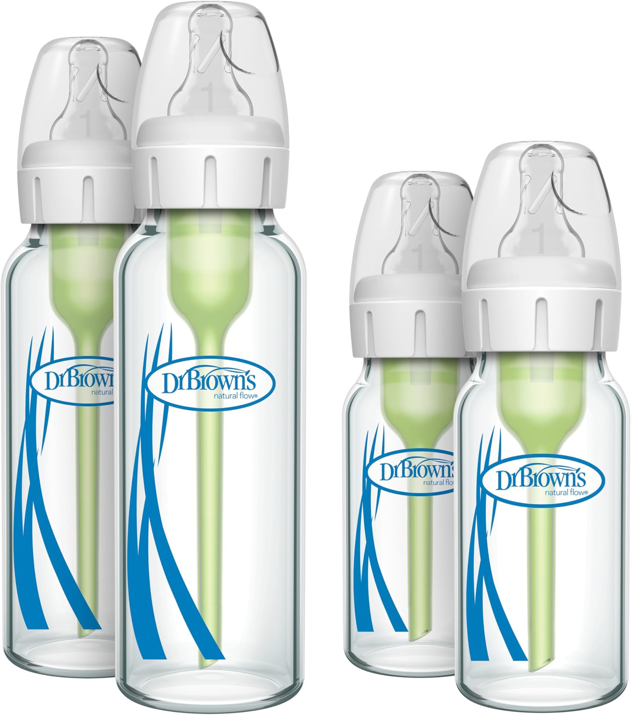 Dr. Brown's Natural Flow Anti-Colic Options+ Narrow Glass Baby Bottles, Made in The USA, BPA Free, 8oz and 4oz, 0m+, 4-Pack