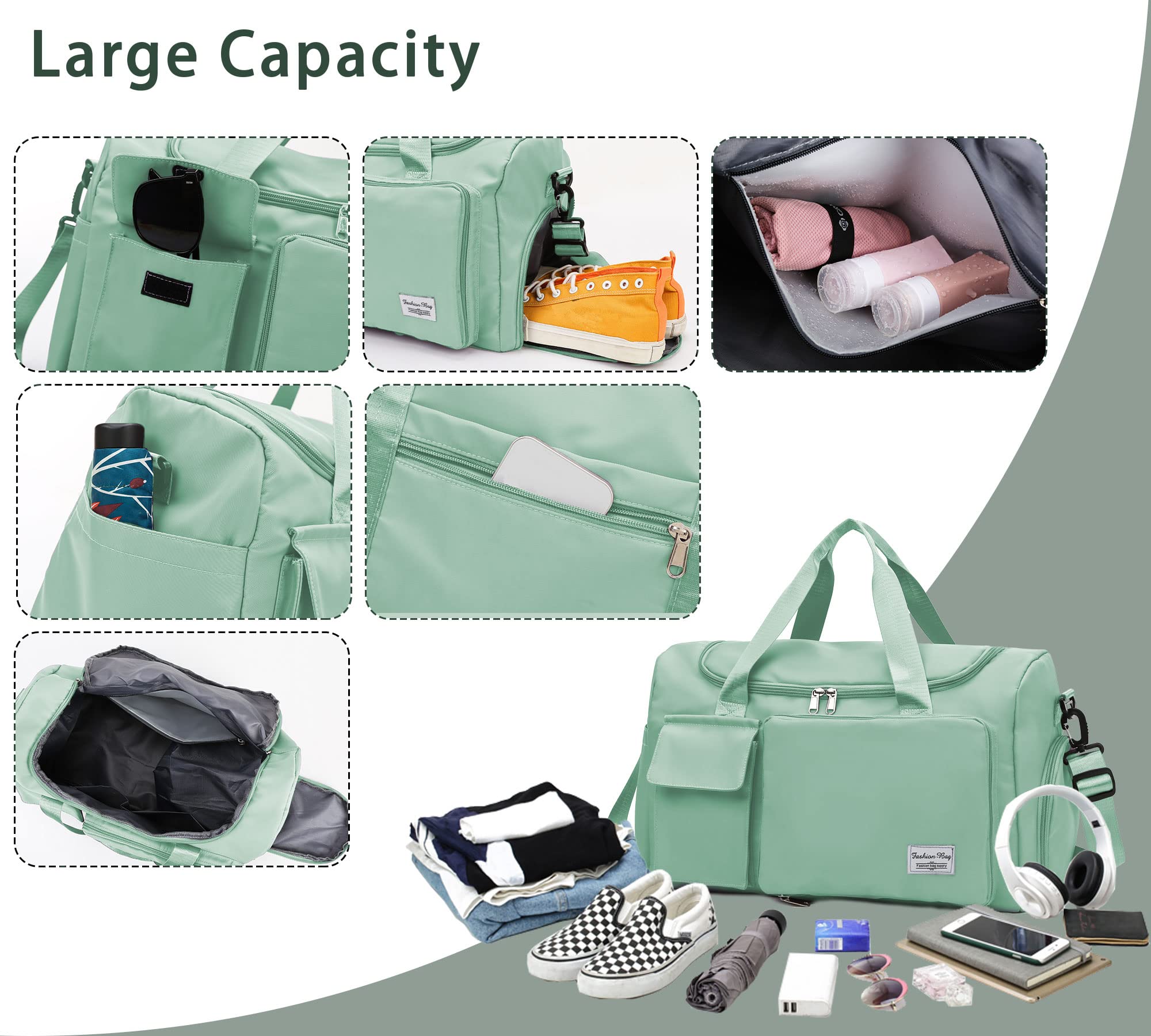 Borsone da Viaggio Pieghevole, Impermeabile Borsone Palestra Sportiva con Scomparto Scarpe e Scomparto Bagnato Grande Borsa da Palestra Donna Uomo Leggera Borsa Piscina per Sport/Viaggi, Verde