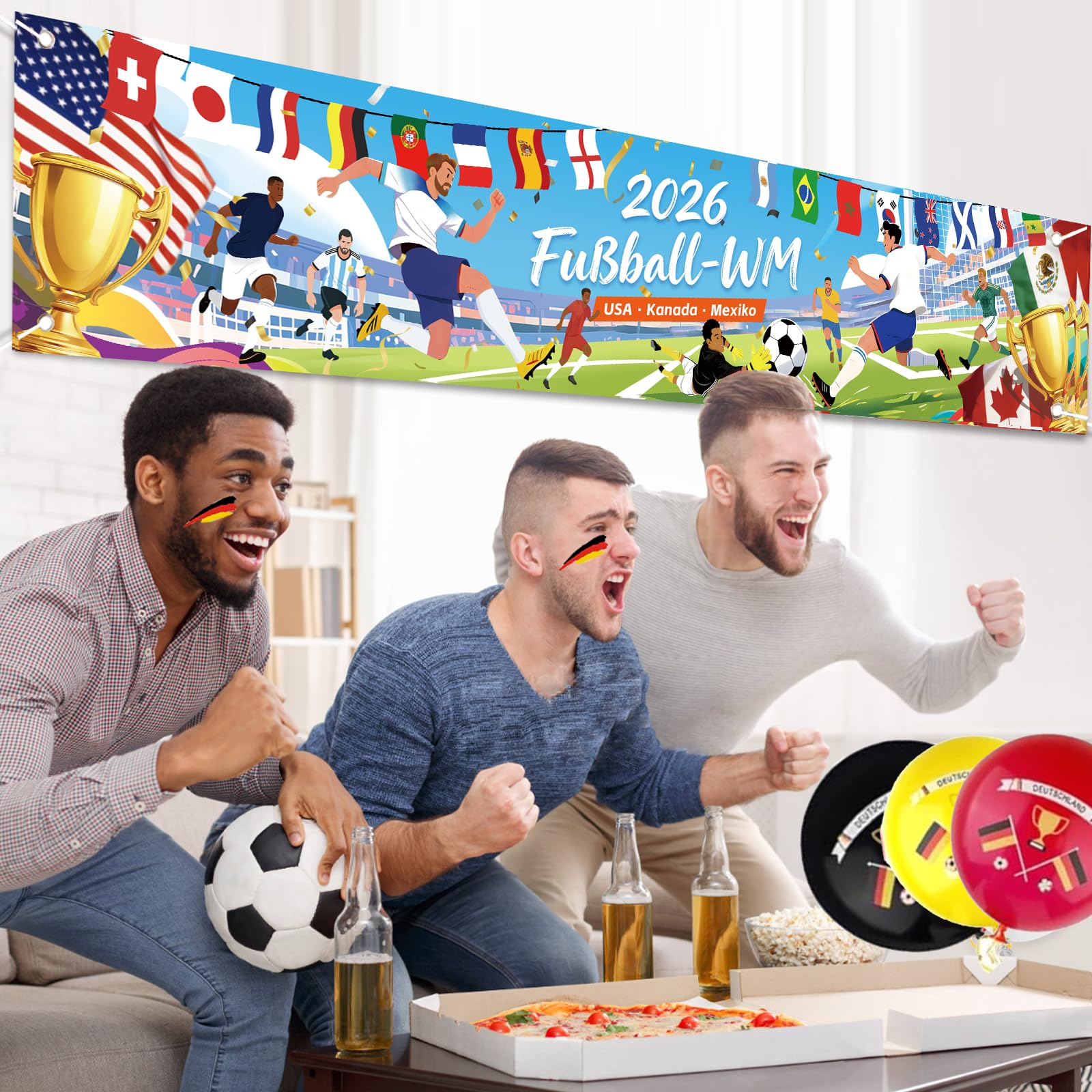 AhfuLife 2026 Fußball Banner 300 x 60cm für WM Deko, Extra Große Fussball Weltmeisterschaft banner Deko für WM Fußball Fans Party Garten Haus Bar Dekoration (Stil 1) - 3