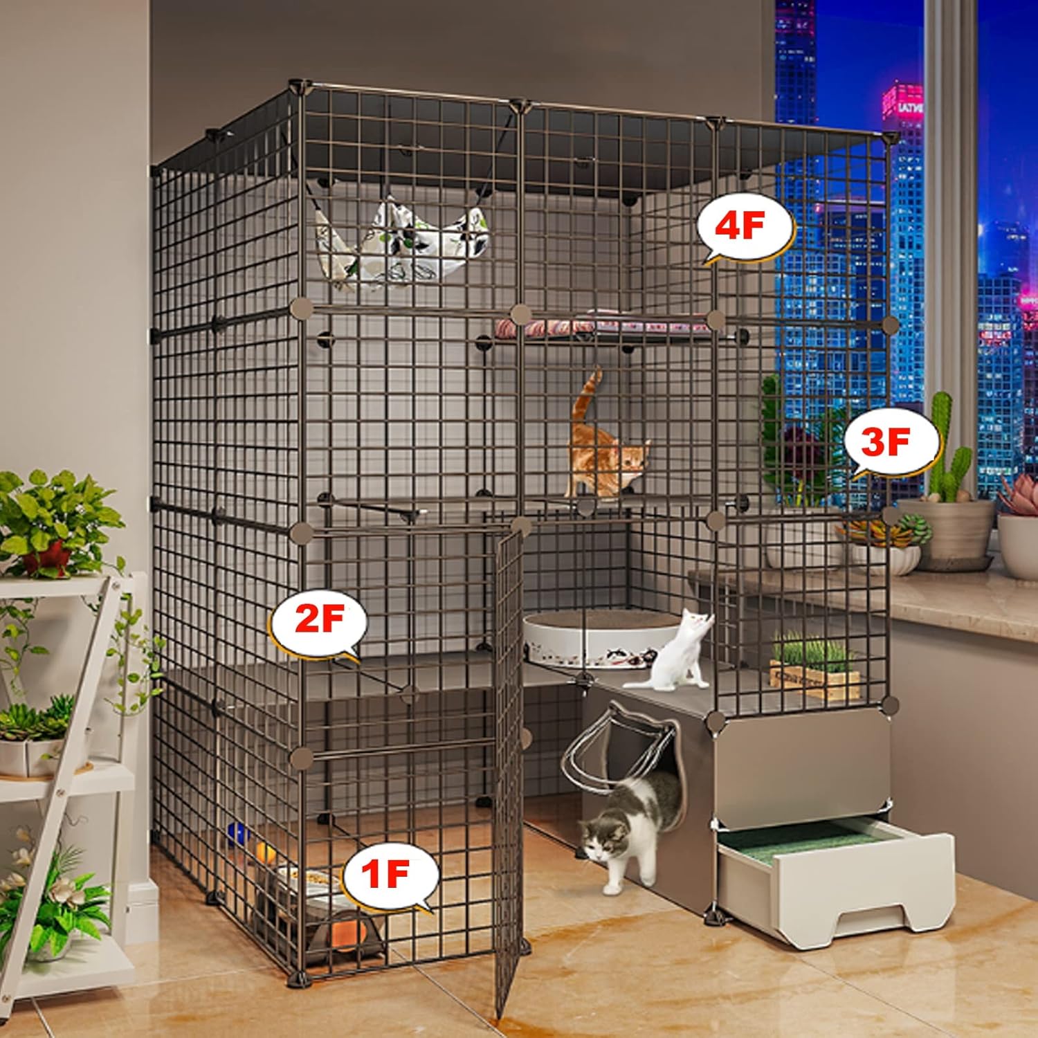 Multi-Story Cat House with Drawer Toilet Cat Cages Indoor Large Pet Crate Detachable Extra Large Cat Playpen Cat Enclosures DIY Kennels Crate, Large Space (C 75 * 95 * 145Cm)