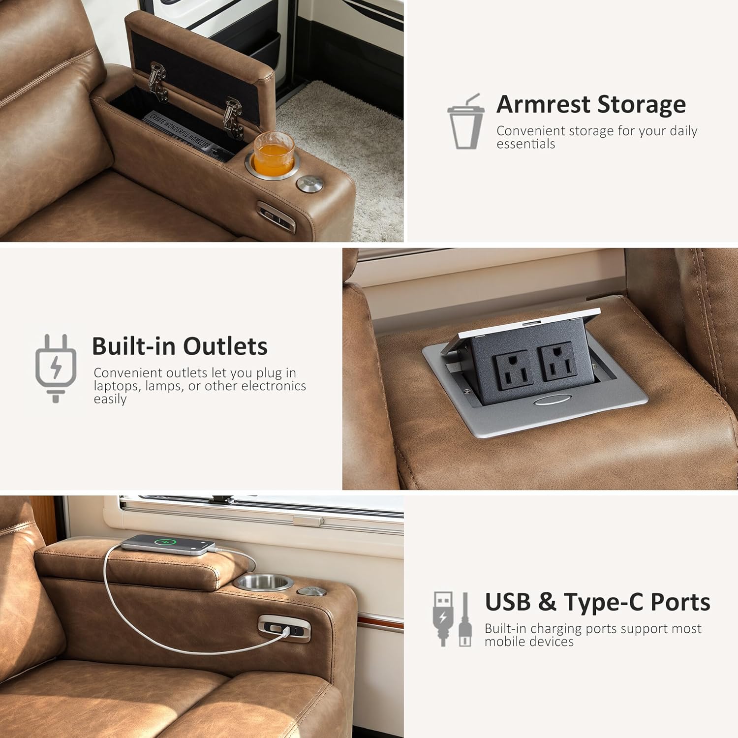MCombo 65.5" Wall Hugger Power Reclining Loveseat with Console and Outlets for Small Spaces, RV Loveseat Sofa with Armrest Storage, 360° Swivel Tray Table, USB & Type C Ports RV01M2 (Orange)
