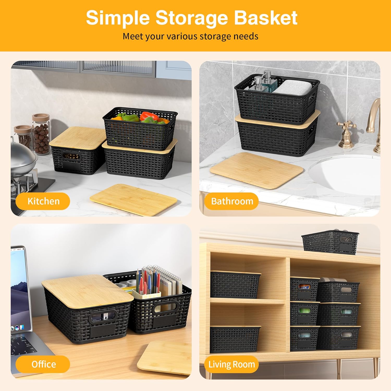 Plastic Storage Baskets with Bamboo Lids and Labels, Stackable Storage Containers, Storage Bins for Organizing Shelves Drawers Desktop Closets Office, 6 Packs-Black - Image 4