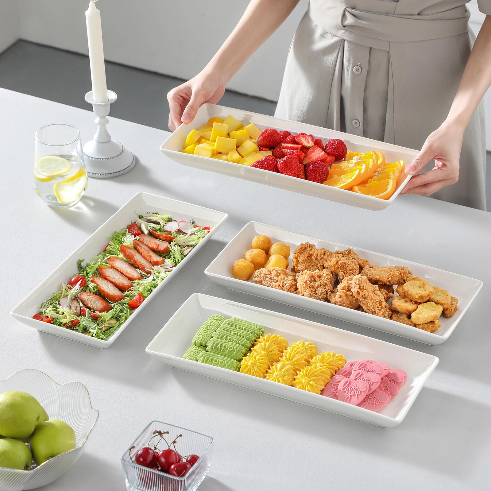 MALACASA 4 Pièces Assiette Plate Plat Hors-D'Oeuvre Dessert Rectangulaire en Porcelaine Service de Table, 14 x 6 inch/36 x 15.3cm, Blanc