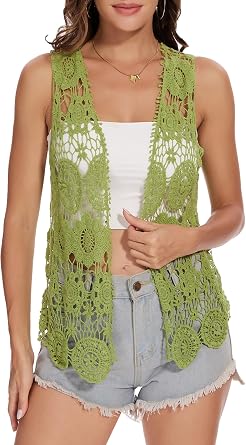 Anna-Kaci Lace Front Open Sleeveless Top Cardigan Crochet Vest Cover up Summer Beachwear