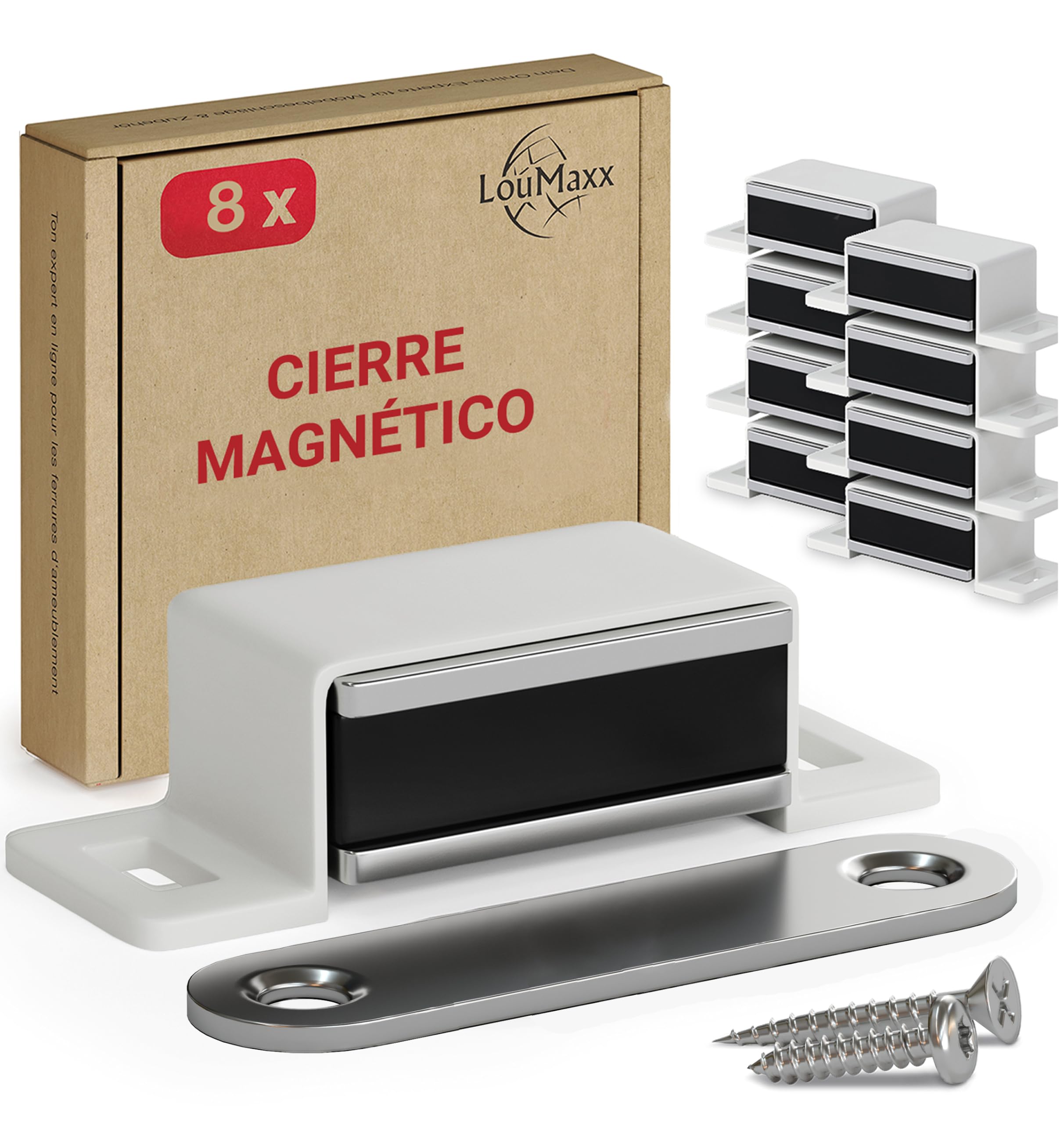 LouMaxx Cierre magnético fuerte, juego de 8 unidades, color blanco, para puertas de armarios y muebles con fuerza de sujeción de 4 kg, cierre magnético, incluye material de montaje