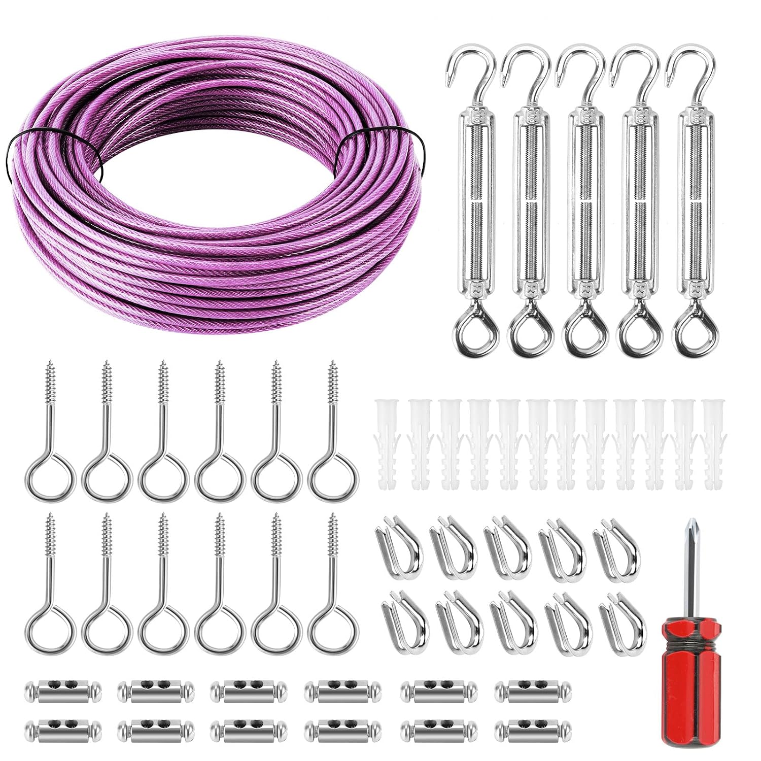Clothes Line Wires, Sunwuk 100ft PVC Coated Wire Rope Kit, 1/8" Steel Cable, M5 Turnbuckles for Cable Wire, 7x7 Strand Metal Steel, Perfect for Climbing Plants, Shade Sail Hanging
