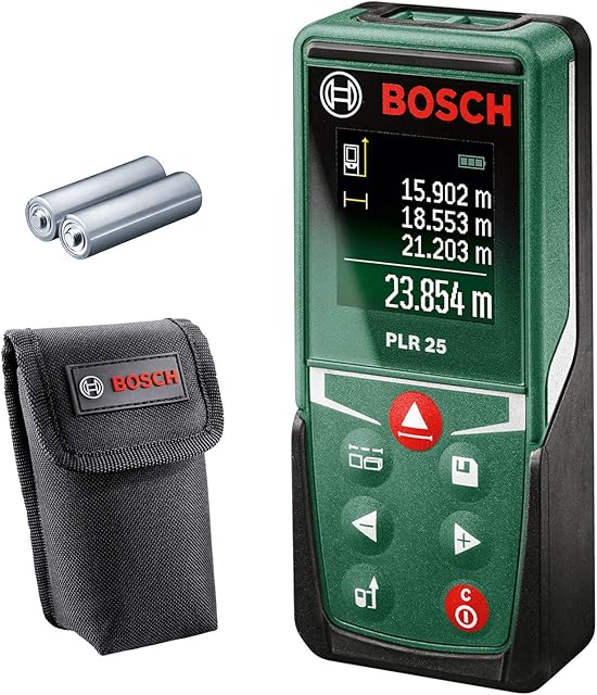 Bosch Home and Garden Dalmierz laserowy PLR 25 (precyzyjny pomiar odległości w zakresie do 25 m, funkcje pomiarowe, funkcja pamięci)