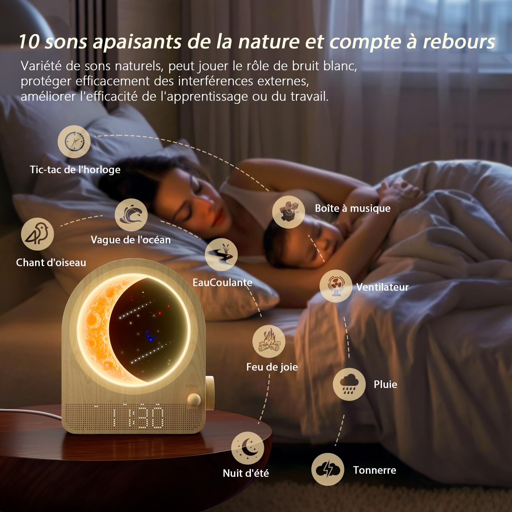 Blonbar Lampe de Lune Lumineuse avec Réveil et 3 Niveaux de Luminosité, Ambiance Naturelle avec 10 Sons