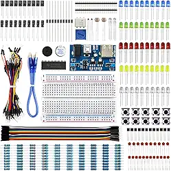 REXQualis Kit básico de eletrônicos com módulo de fonte de alimentação, placa de ensão, fio jumper, LED, resistor, vem com mais de 300 peças de sensores e componentes para projetos eletrônicos divertidos e simples.
