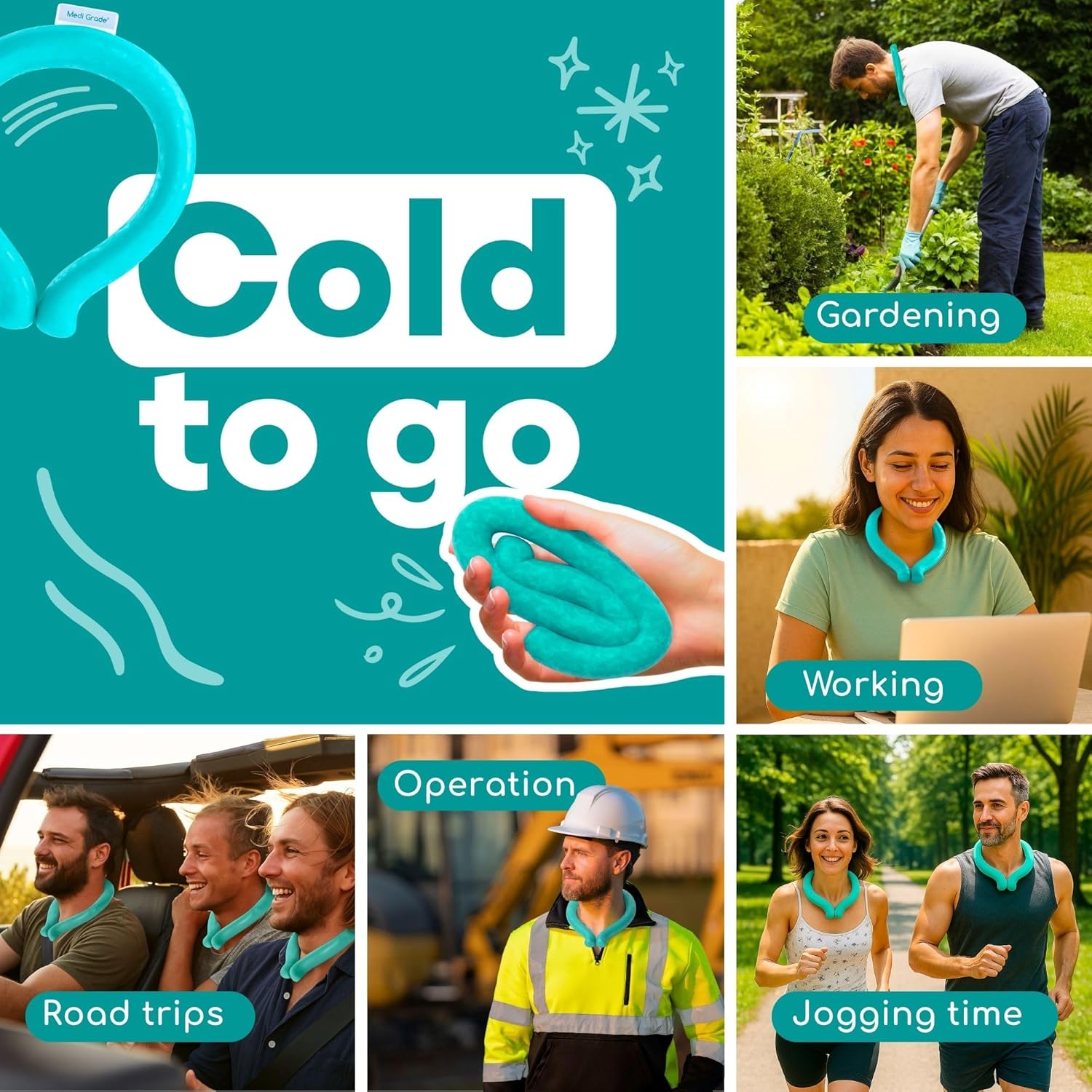 Medi Grade Neck Cooling Tube - Reusable, Instant Cooling Neck Ring - Mess-Free, Lightweight & Portable Ice Ring for Neck - No Power Needed - for Summer Heat Relief - 1 x Medium - 5.6” x 6.7”