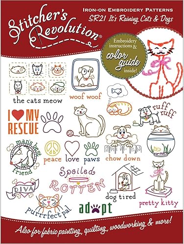 Stitcher's Revolution - Patrón de transferencia termoadhesivo para bordado, lluvia de gatos y perros