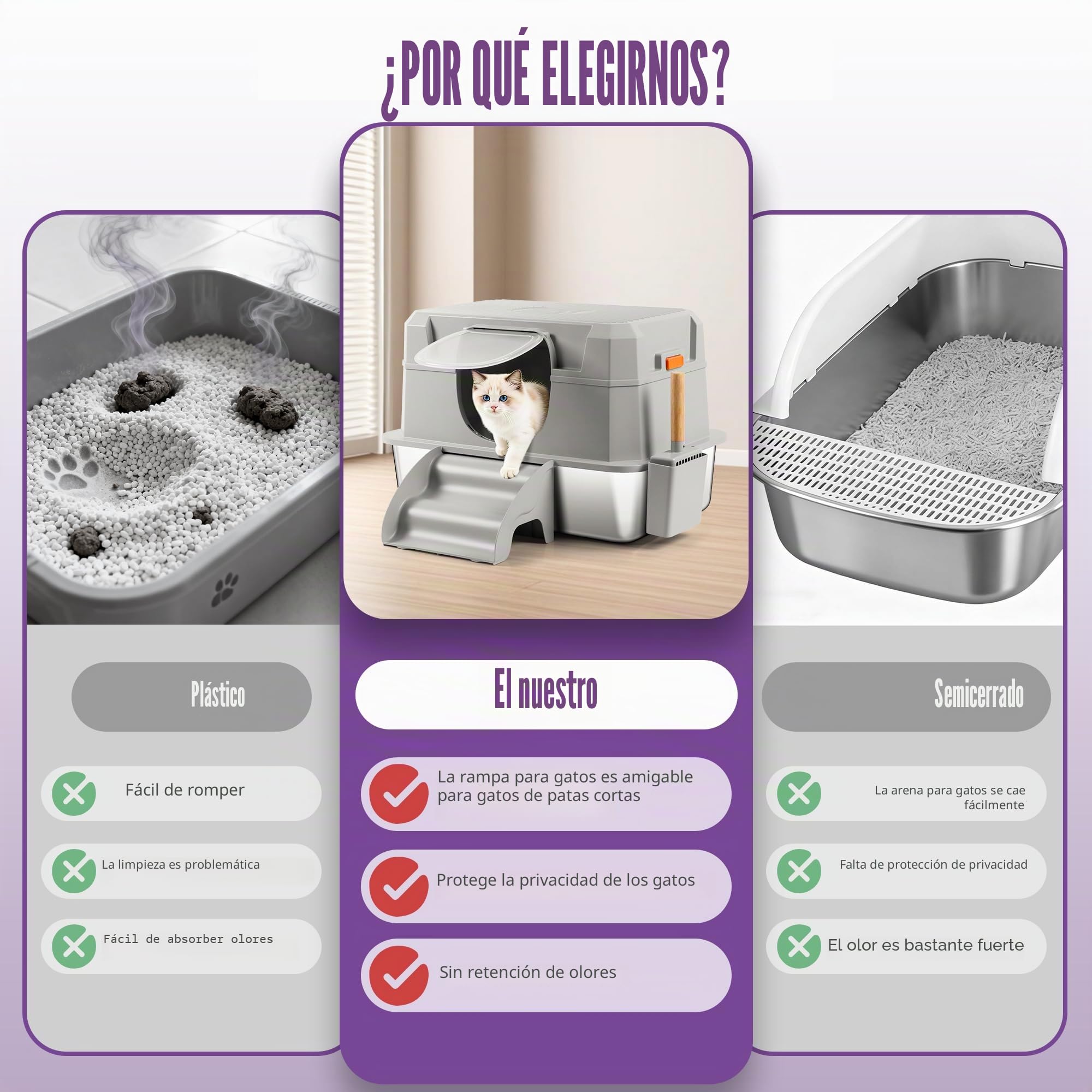 Arenero para Gatos de Acero Inoxidable para Gatos con Tapa, Caja de Arena Metálico Extraíble XXL con Tapa, Cuchara, Escalón, No Pegajoso, Sin Olores, Fácil de Limpiar (Gris Claro)