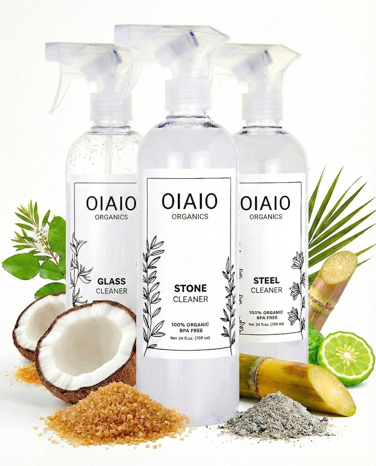 Non-Toxic Kitchen Cleaner 3 Pack (Stone, Steel, Glass) - 100% Natural Organic Ingredients that Truly Perform - Light Coconut, Tea Tree & Wood Scent