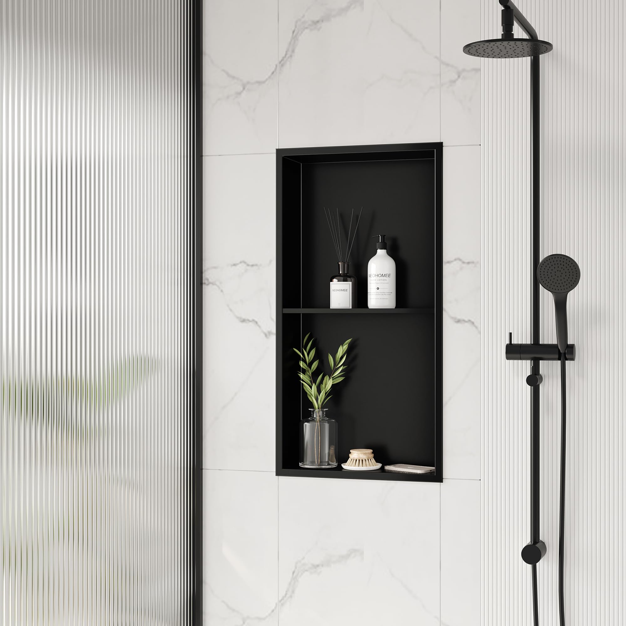 Neodrain No Tile Shower Niche, Stainless Steel Wall Niche 13.1"X25.1"(Inner Size 12"X24"), Two-Tier Bathroom Shelf, NO Tile Needed Recessed Cabinet for Bathroom Storage, Matte Black
