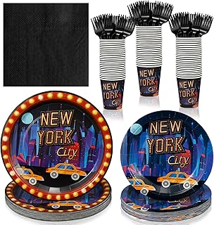 Zubebe 120 Pcs NYC Birthday Party Supplies for 24 Guests NYC Themed Disposable Tableware Dinnerware Set NYC Cityscape Paper Plates Napkins Cups for Baby Shower Parties Decoration