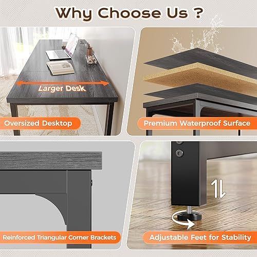 Miniatura 8 de Huuger Escritorio de 63 x 24 pulgadas con tomas de corriente y USB-C, escritorio más profundo y grueso, tubos de metal robustos, escritorio para