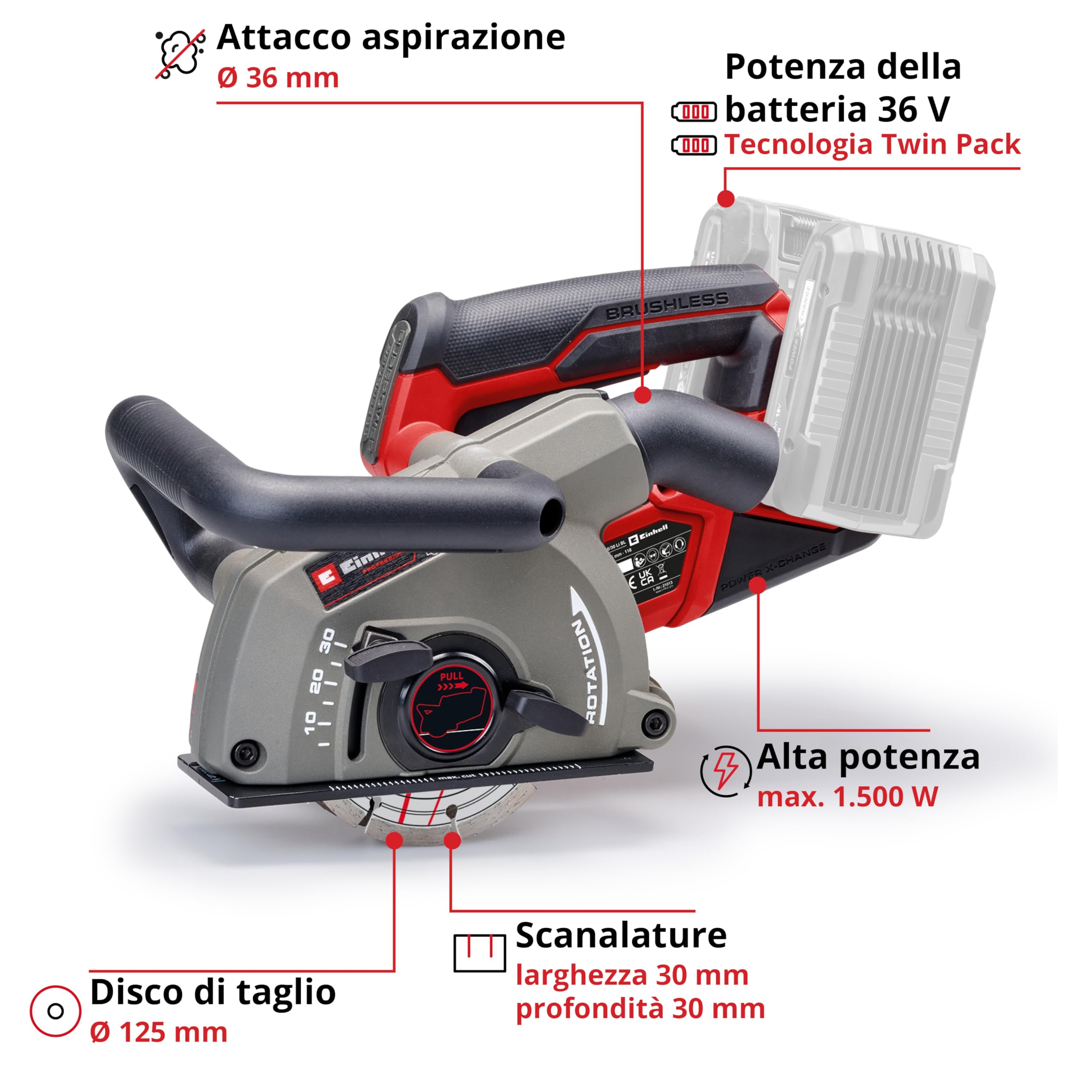 Einhell Professional TP-MA 36/30 Li BL-Solo Power X-Change Scanalatore 36 V 1500 W larghezza di taglio 30 mm profondità di taglio 30 mm