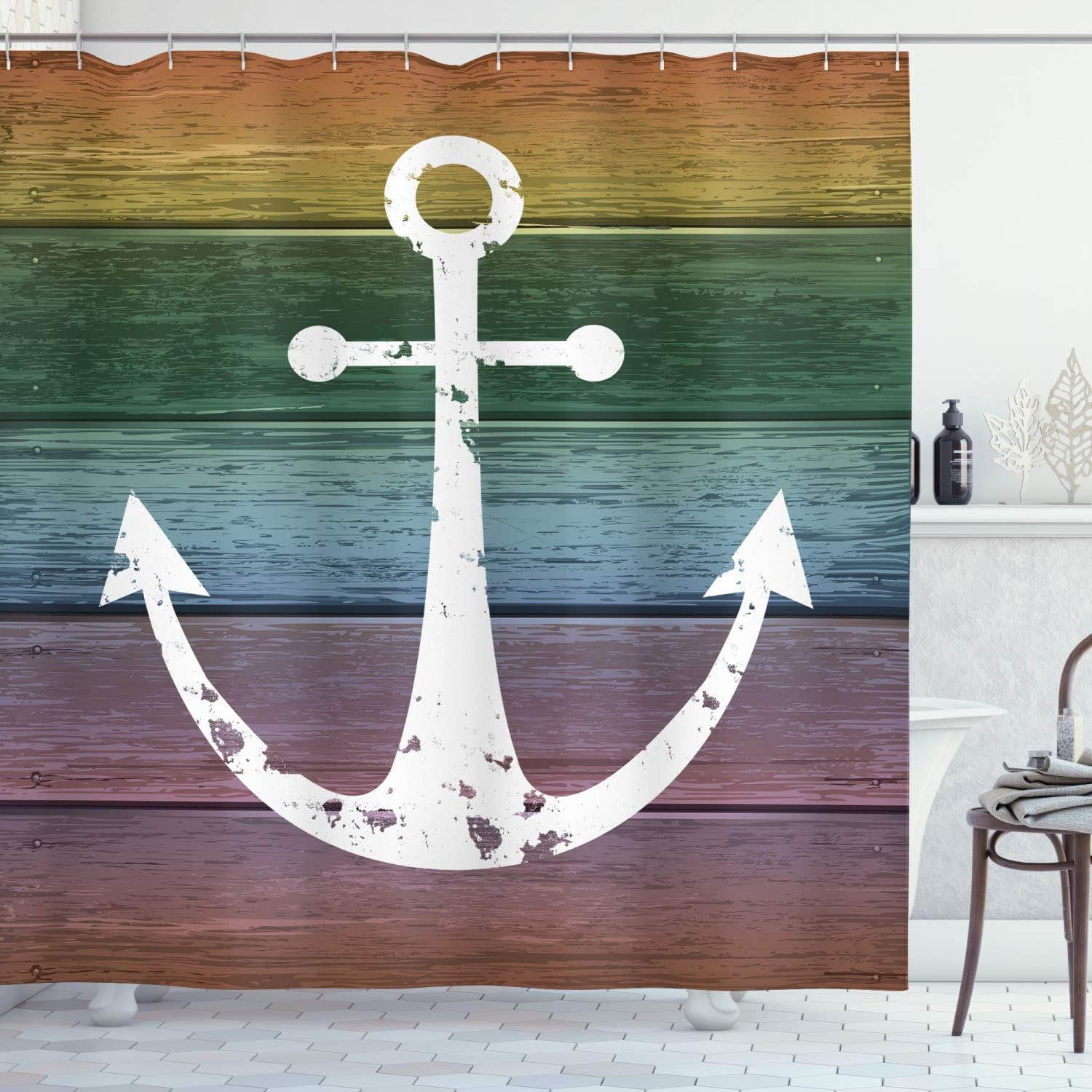 Ambesonne Anchor Shower Curtain, Marine Sailing Ornament on Grunge Rustic Themed Rainbow Colors Ombre Style, Cloth Fabric Bathroom Decoration Set with Hooks for House, 69" W x 70" L, Multicolor Green