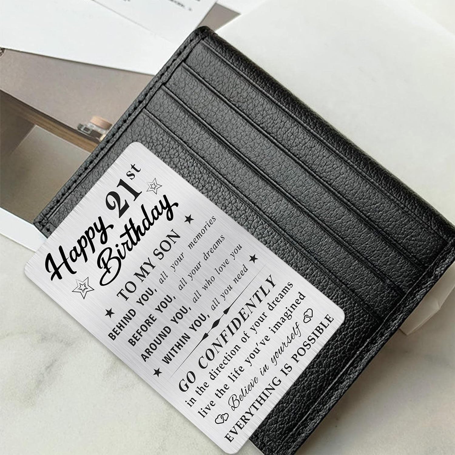 MOQIYXL 21st Birthday Card for Son, 21 Year Old Gifts for Son Engraved Wallet Card - Image 4