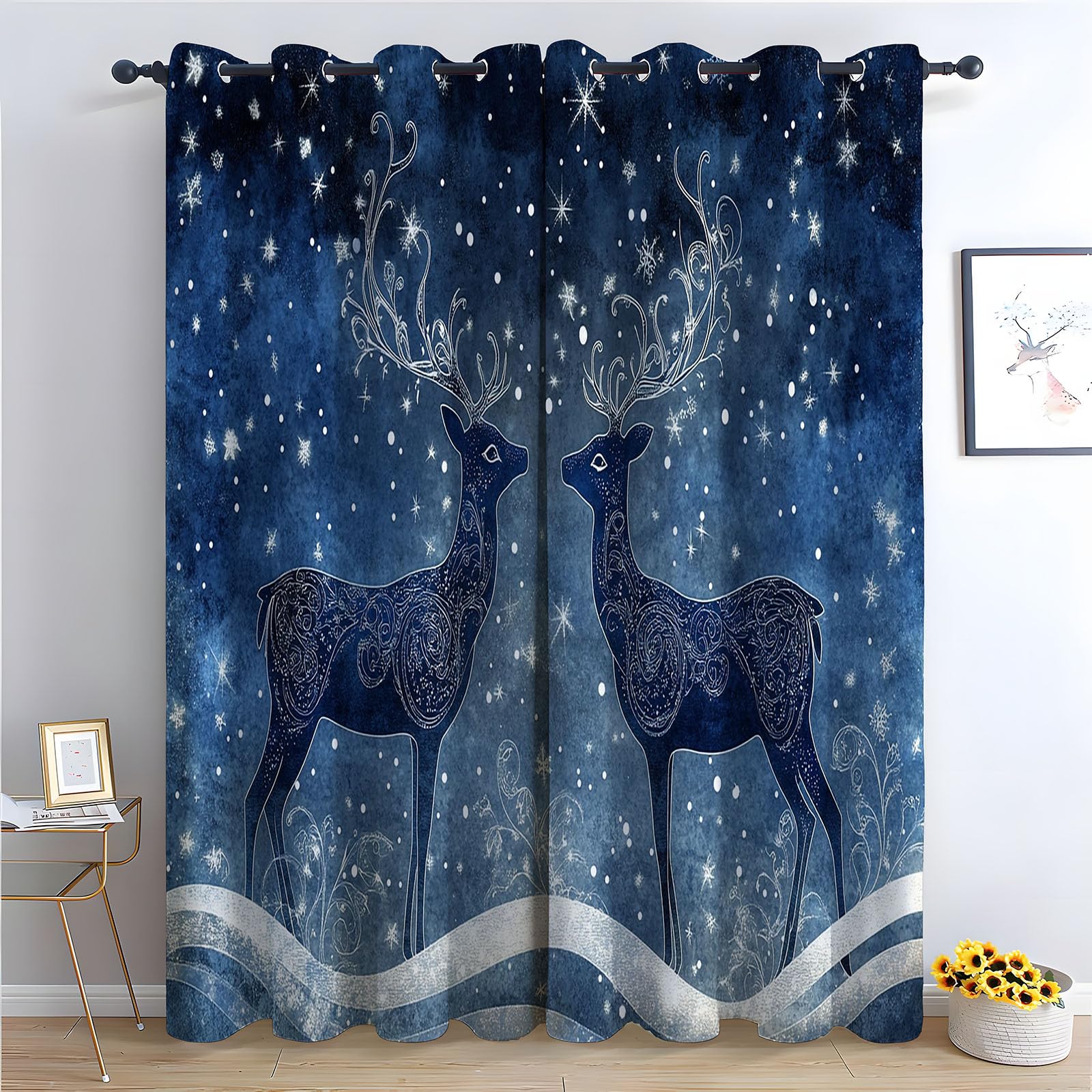 WQBQKKX Abstract Line Curtains for Living Room Bedroom Deer Black out Curtains Watercolor Botanical Flower Print Pattern Window Drapes for Bedroom-52 W x 108" L (Pack of 2)