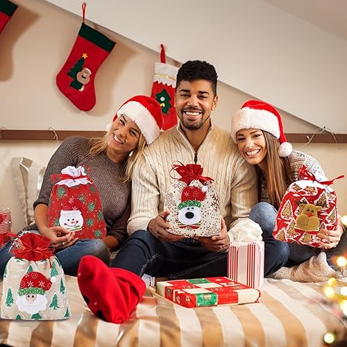 Miniatura 6 de SHANGRLA Bolsas de regalo de muñeca con cordón de Navidad con diseños de muñeco de nieve, renos, Papá Noel, oso  Bonitas bolsas de regalo de tela de