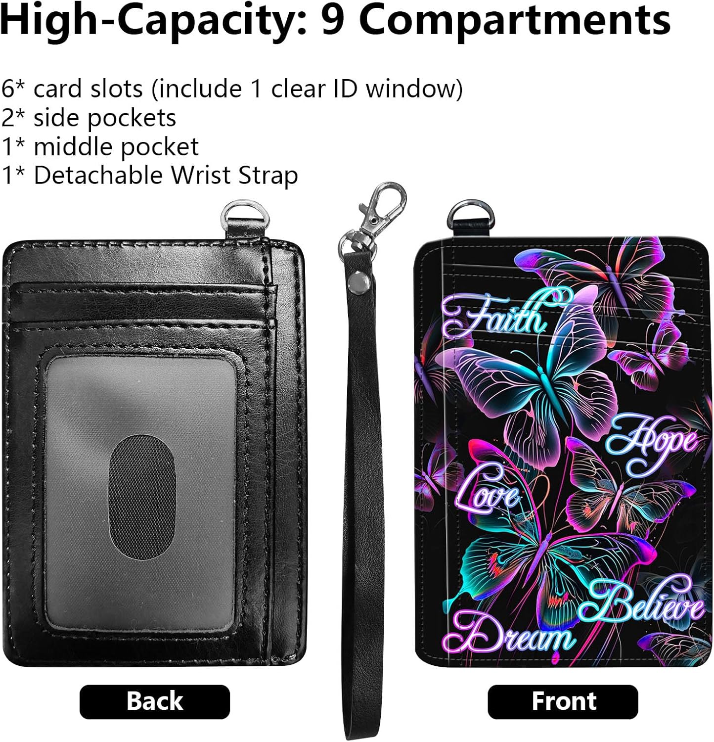 Credit Card Holder Slim Wallet,RFID Wallet Women Front Pocket Small Card Holder Travel Cute Thin Minimalist Card Case Leather Flat Wallet with ID Window&Wrist Strap,Pink Purple Butterfly - Image 3