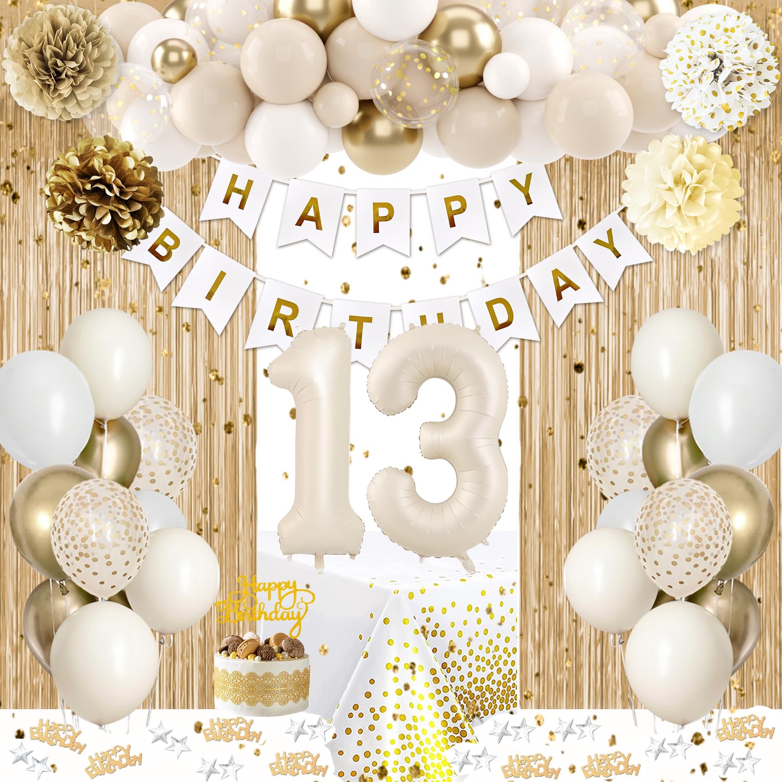 13th Birthday Decorations for Girls, Gold Official Teenager Decorations White and Gold Balloons Happy Birthday Banner Tablecloth Fringe Curtain Cake