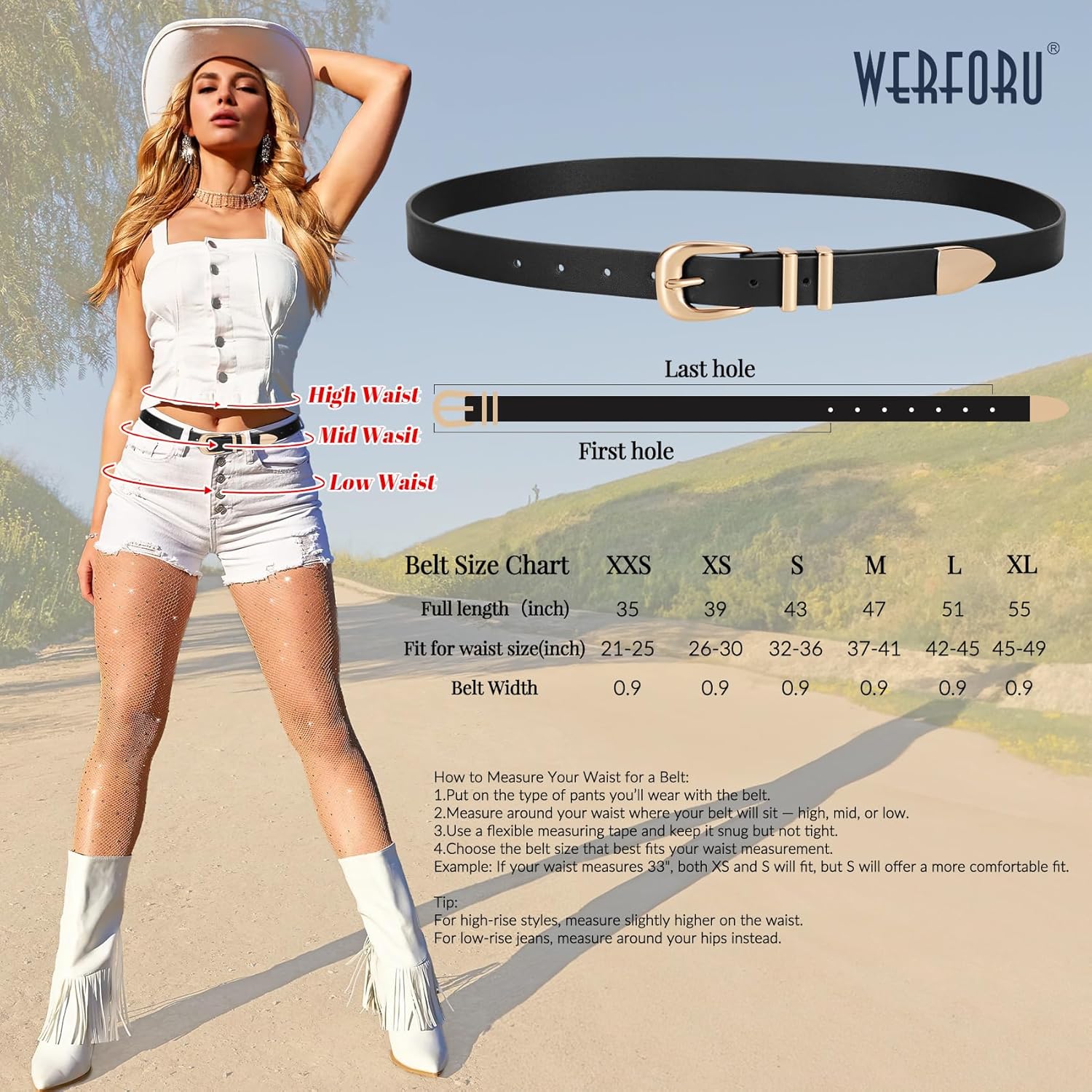 WERFORU Women Leather Belt Fashion Leather Waist Belt for Pants Jean Ladies Western Belt with Gold/Silver Buckle - Image 6