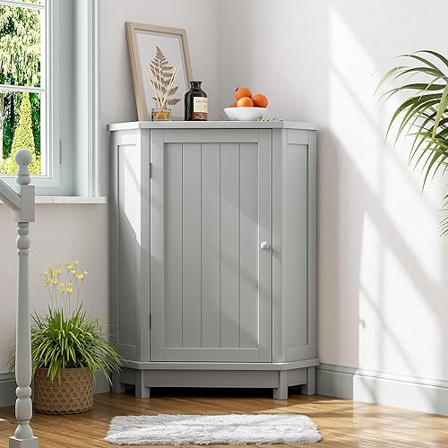 Merax, Armario de almacenamiento de esquina marrón negro con puerta y estante ajustable, armario independiente para baño, cocina o sala de estar