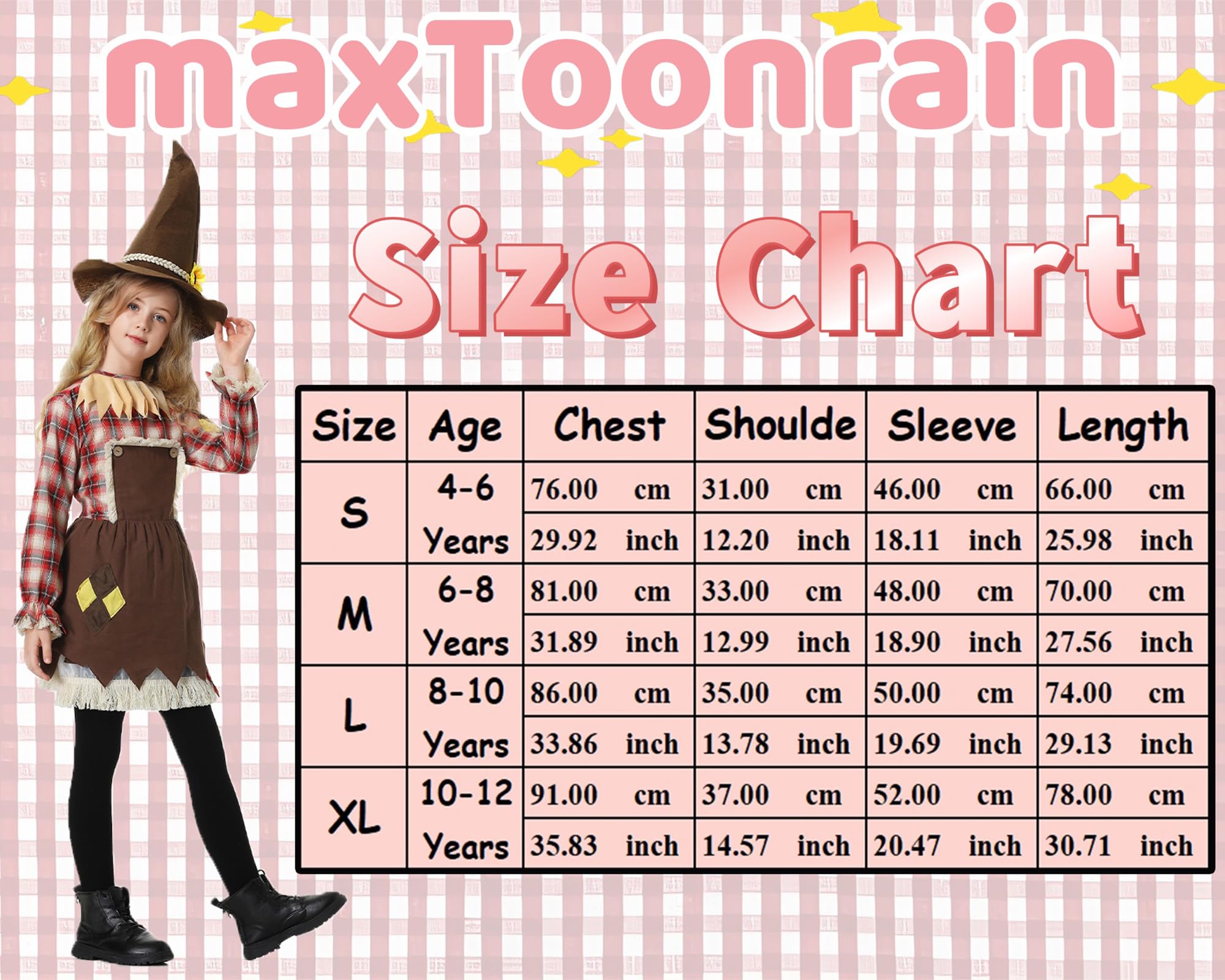 maxToonrain Kids Scarecrow Costume Girls 2 PCS Long Sleeve Scarecrow Dress with Sunflower Straw Hat for World Book Day Halloween Christmas (Medium - Image 3