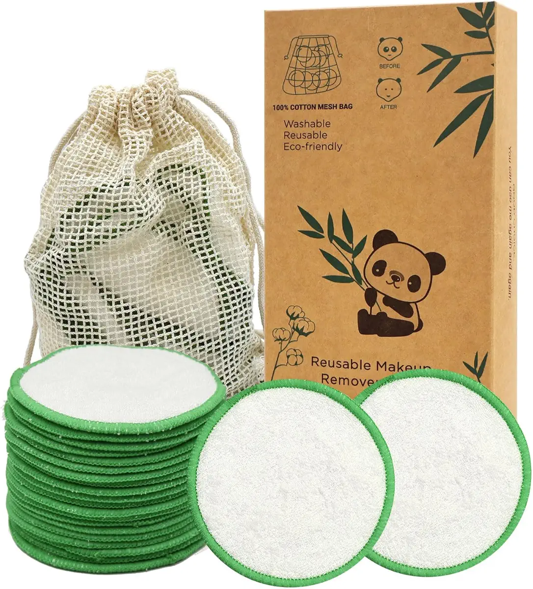 D 20 Pcs Reusable Makeup Remover Pads Reusable Bamboo Cotton Rounds Washable Eco-Friendly Natural Pads Zero Waste Cotton Rounds Bamboo Wipes for Facial Cleansing for All Skin Types （Green）