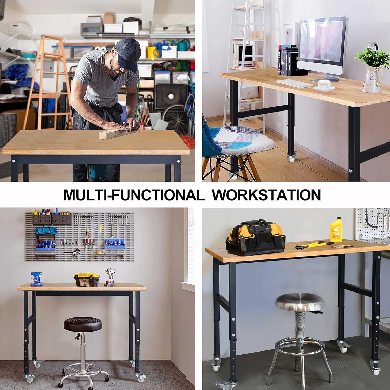 47.2"x 23.6" Bamboo Wood Garage Workbench w/Adjustable Height 25.4"-35.2" Multifunctional Workstation on Wheels 1500 Lbs Commercial Steel Work Tool Table Computer Desk Work Bench for Home Office : Tools & Home Improvement