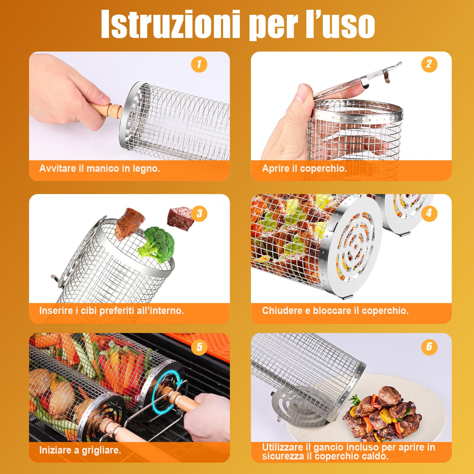Cestini per Grigliare Rotante 2 Pezzi Cestello per Grigliate Acciaio Inox con Manico Rimovibile Cesto per Barbecue, Accessori per Barbecue All Aperto per Verdure e Gamberi