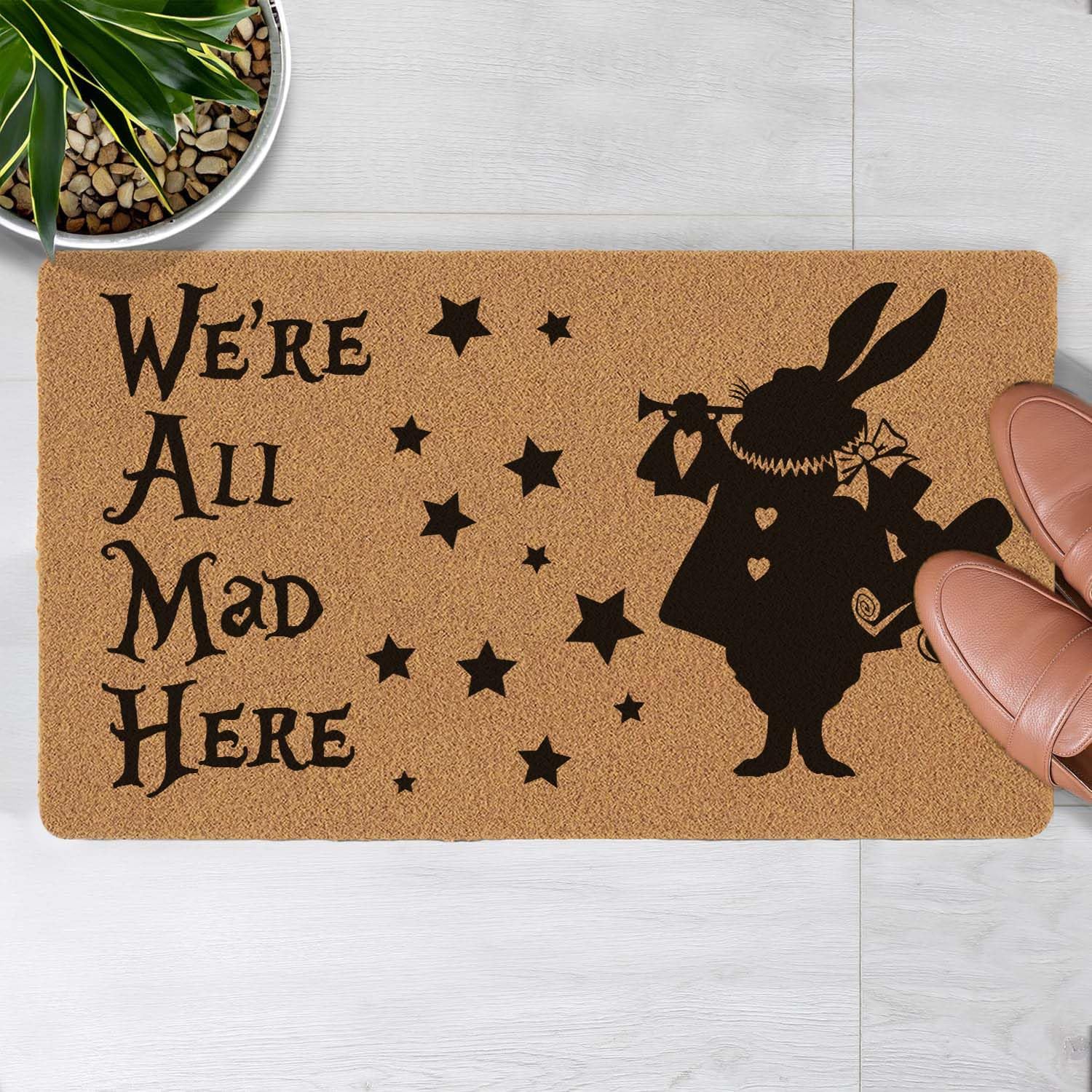 LuckyChu Welcome Door Mat We're All Mad Here Outdoor Indoor Entrance, Low-Profile Floor Mats Non Slip Durable Entrance Rugs for Entry, Patio, High