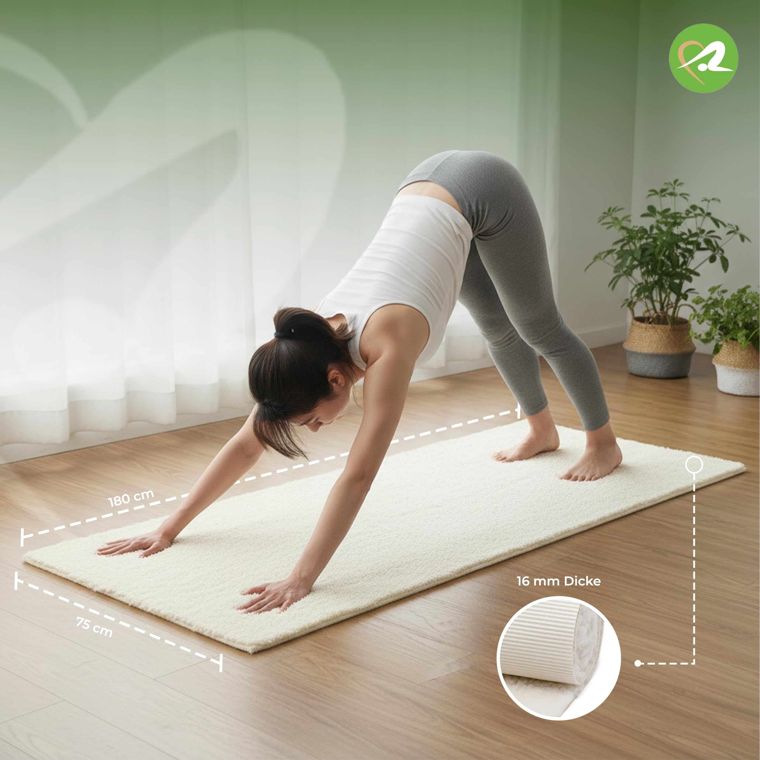 Yogamatte Basic, 16mm Florhöhe, 75x180 cm, Natur