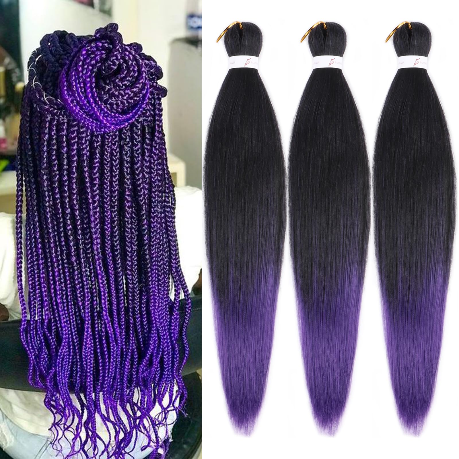 Extensiones de cabello trenzado preestirado de color negro a morado degradado, 26 pulgadas, 3 paquetes de cabello trenzado preestirado EZ trenzado, extensiones de cabello sintético para trenzas de