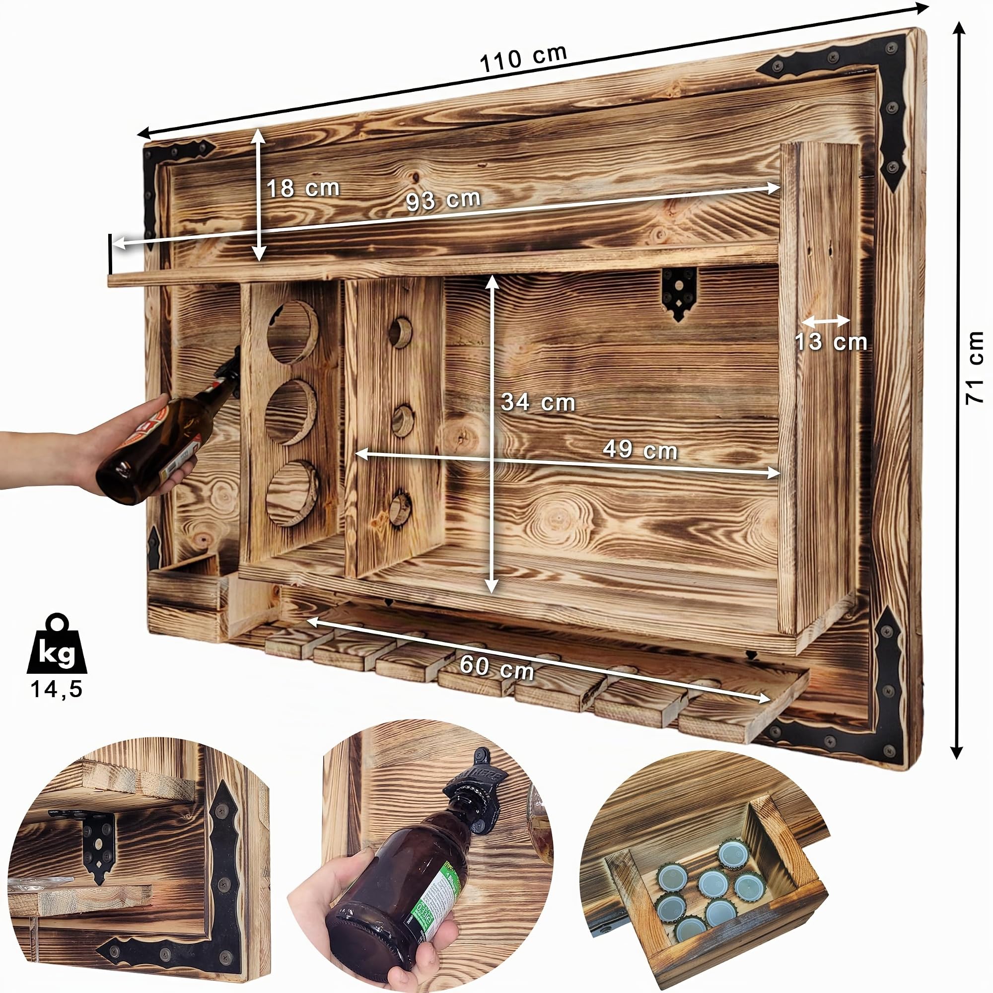 weeco Holzregal Hausbar zum Hängen - Handgemacht Rustikale Stil Wand Bar Flaschenregal Holz - Weinbar Regal Geschenk für männer - Hölzernes 3D-Bild Schnapsbar