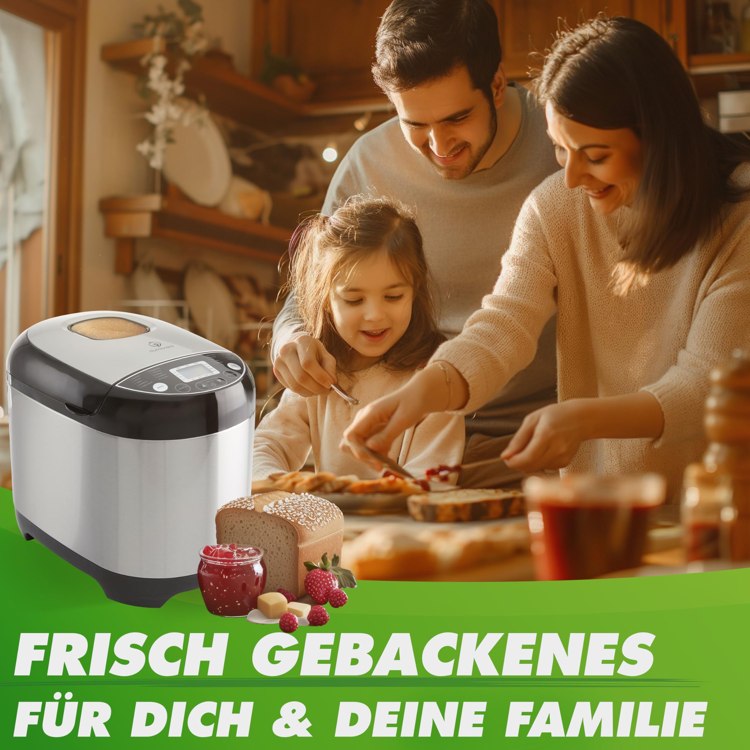 Nutrilovers NUTRI-BREAD-MAKER Edelstahl Brotbackautomat mit 19 Programmen, 3 Bräunungsstufen, Timer, 3 Brotgrößen (500g, 750g, 1000g) inkl. Rezeptbuch