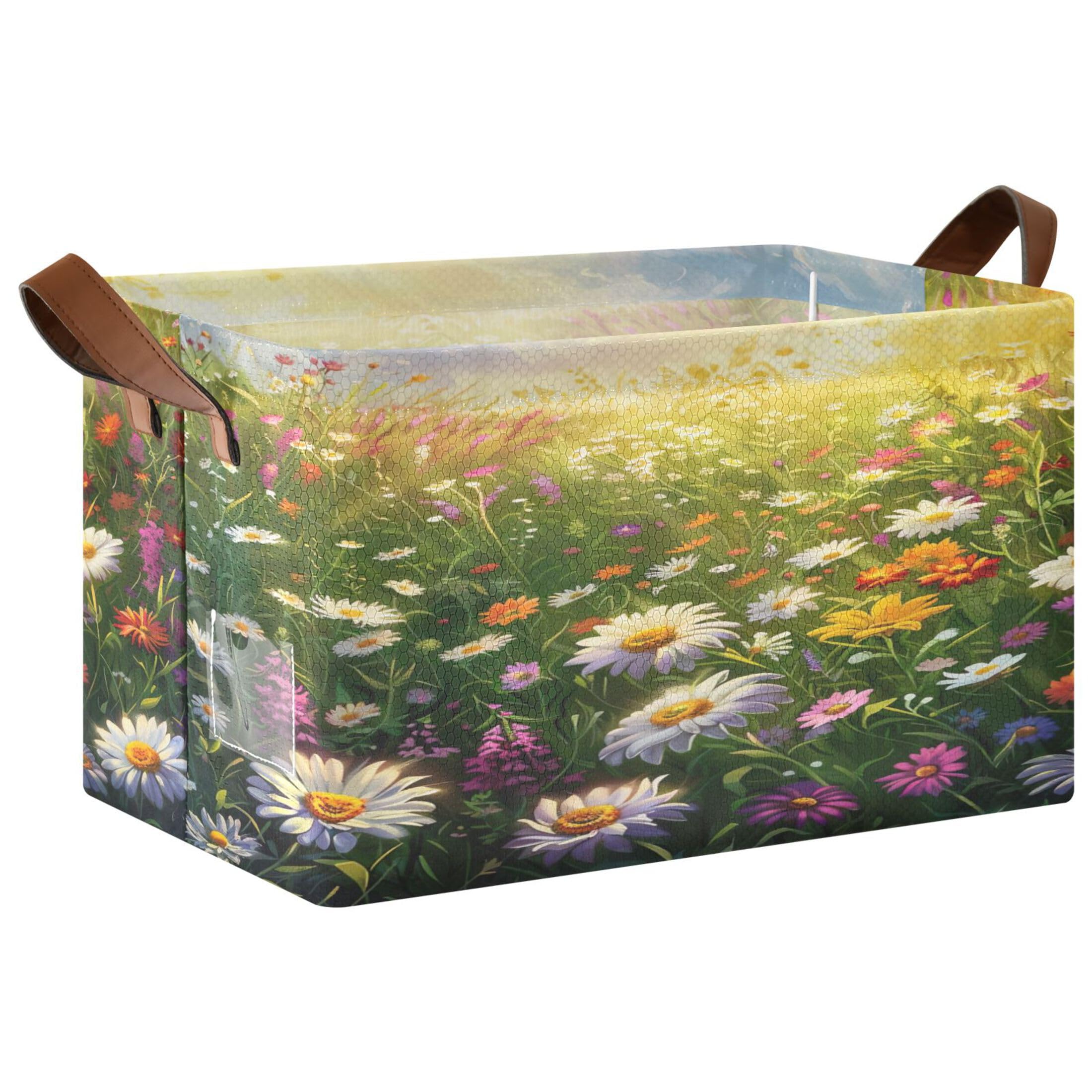 Kutsu Foldable Storage Basket Meadow Wildflowers Collapsible Storage Bin with Handles for Shelves, Rectangle Basket for Home Nursery Decor, 16.9x11.4x10 in