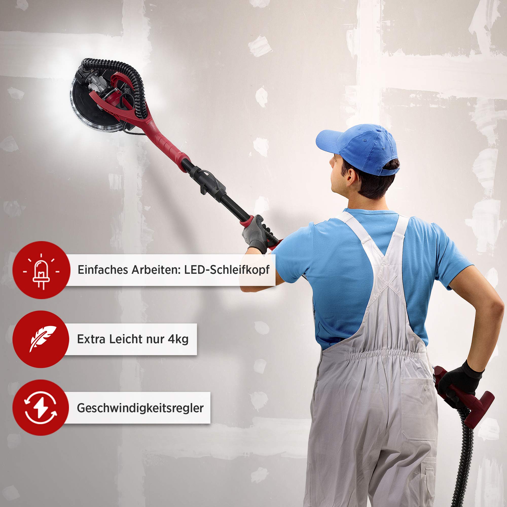 Arebos Trockenbauschleifer 750W | Langhalsschleifer Wand- & Deckenschleifer Ø225mm | Teleskopstange, LED, Absaugsystem, Schwenkbarer Kopf | inkl. 6 Schleifscheiben & Koffer