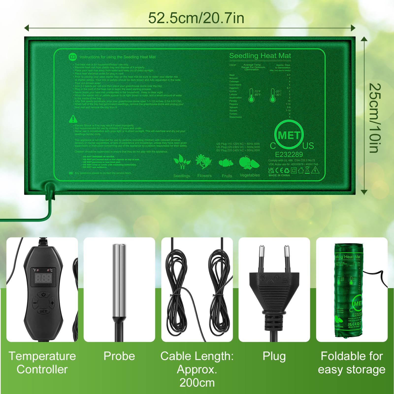 Alfombrilla Térmica con Termostato, 25 x 52.5 cm, 20W Alfombrilla de Calor para de Plántulas Impermeable, Manta Calefactora de Germinación, Estera Térmica para Plantas, Reptiles y Anfibios