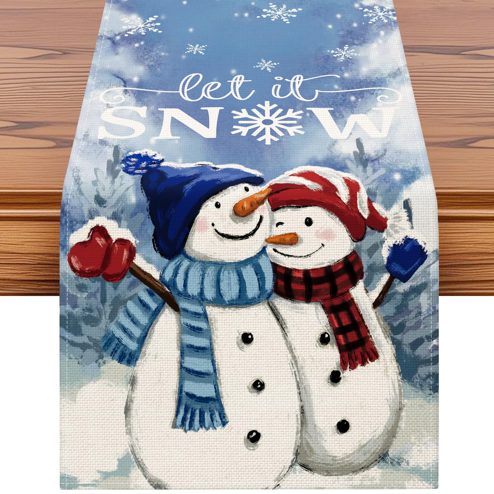 Artscope A Couple Snowman Let It Snow Christmas Table Runner, Xmas Seasonal Winter Holiday Kitchen Dining Table Decoration for Home Party Decor 40x300cm (Blue)