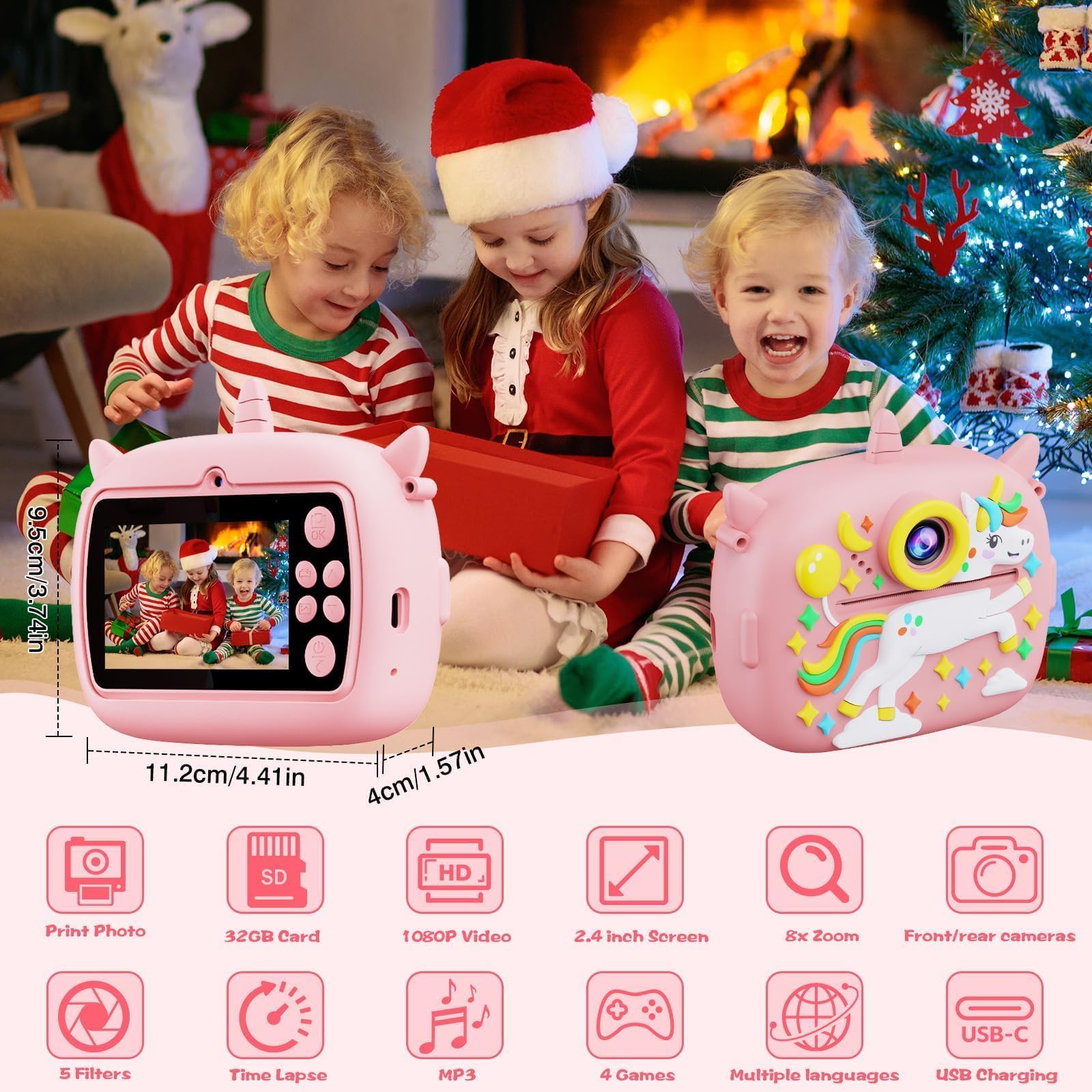 Appareil Photo Instantané, 2,4" Écran Appareil Photo Instantané Enfant a Carte 32G/4 Rouleaux Papier/6 Stylos Colorés, 1080P, pour Enfant 3-12Ans - Selfie/Photo(Rose)
