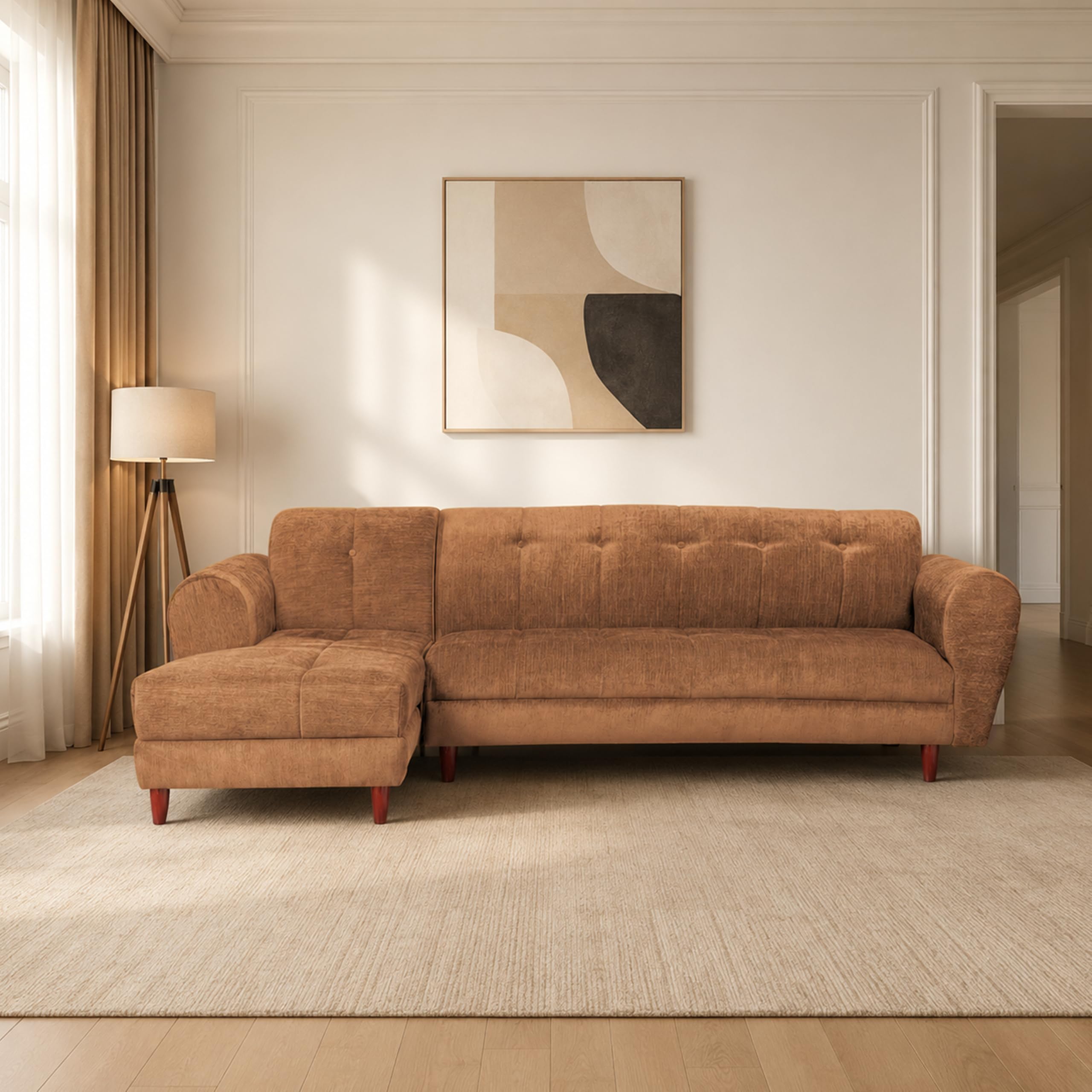 Seventh Heaven Milan 6 Seater Corner Sofa ? Ultimate Elegance Expansive Wooden Design for Living Rooms & Offices | Plush, Spacious, & Stylish | (Chenille Molfino - Beige)-image-48