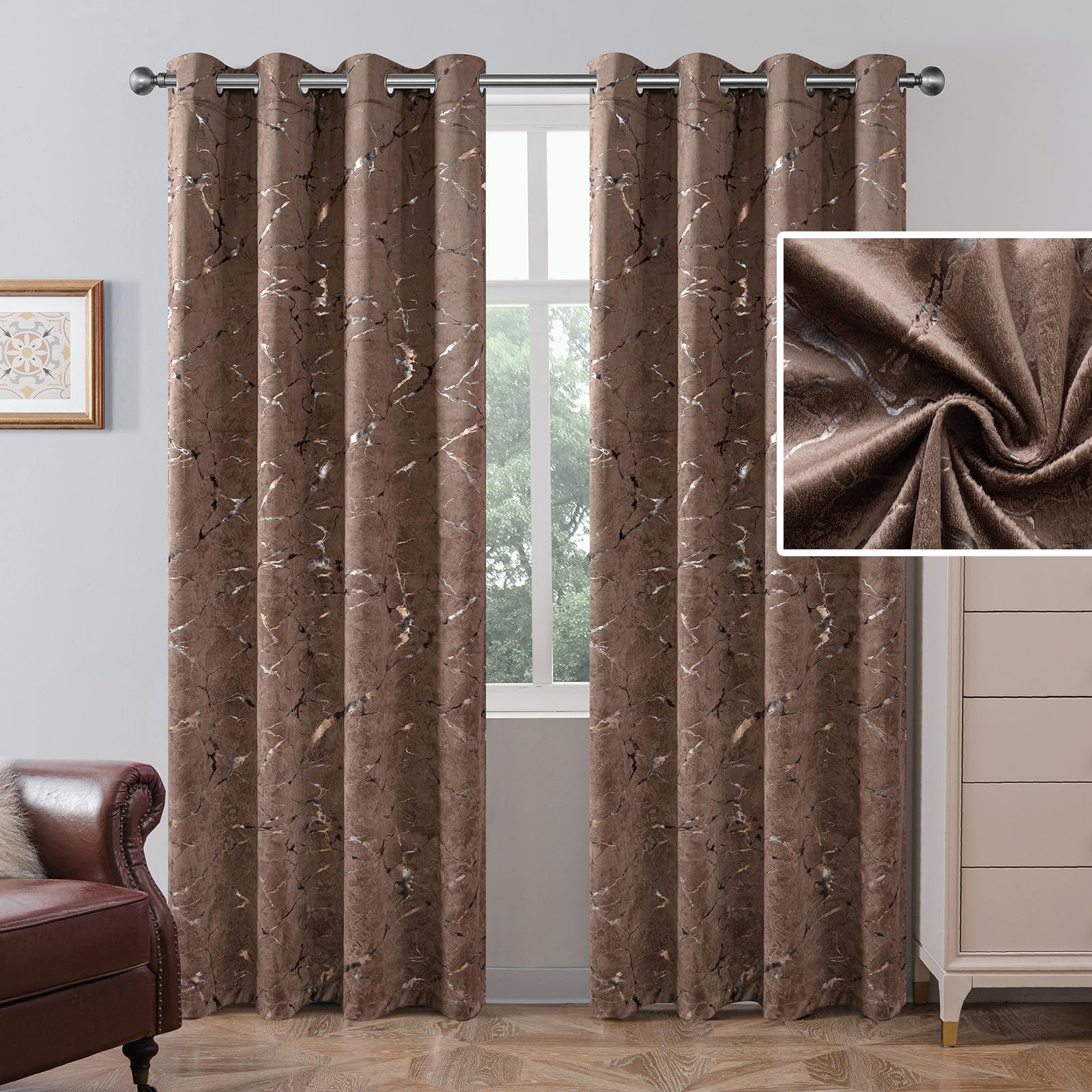 Petrichor Luxury Dark Taupe Velvet Curtains, Gold & Silver Foil Marble Pattern, 85% Light Blocking, Thermal Drapes, 52" Wide x 95" Long, 2 Panels for Bedroom and Living Room